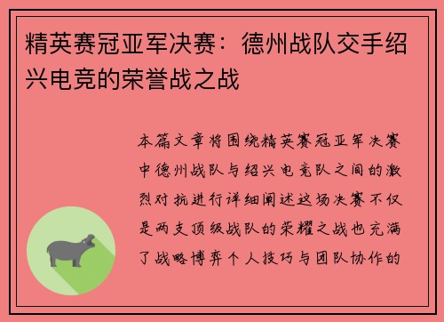 精英赛冠亚军决赛：德州战队交手绍兴电竞的荣誉战之战
